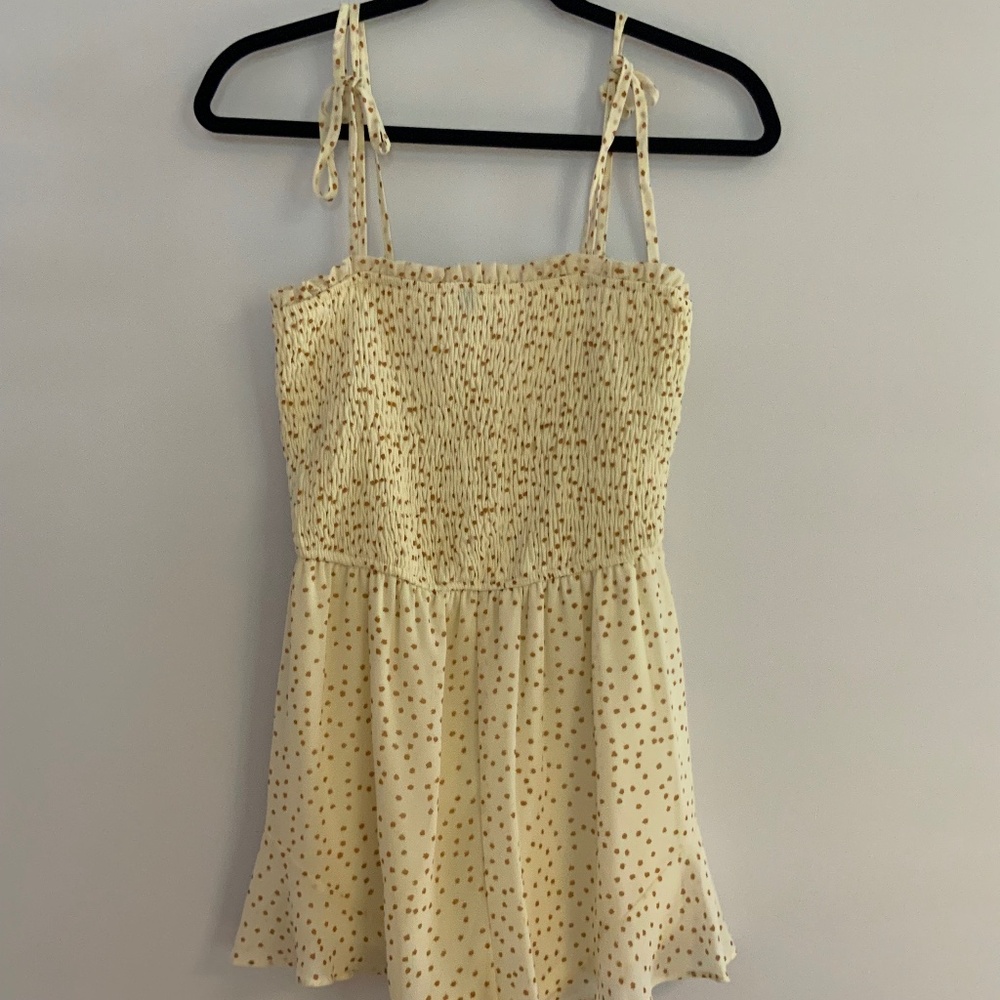 She + Sky Romper with Bow Spaghetti Straps and Ruffled Hem